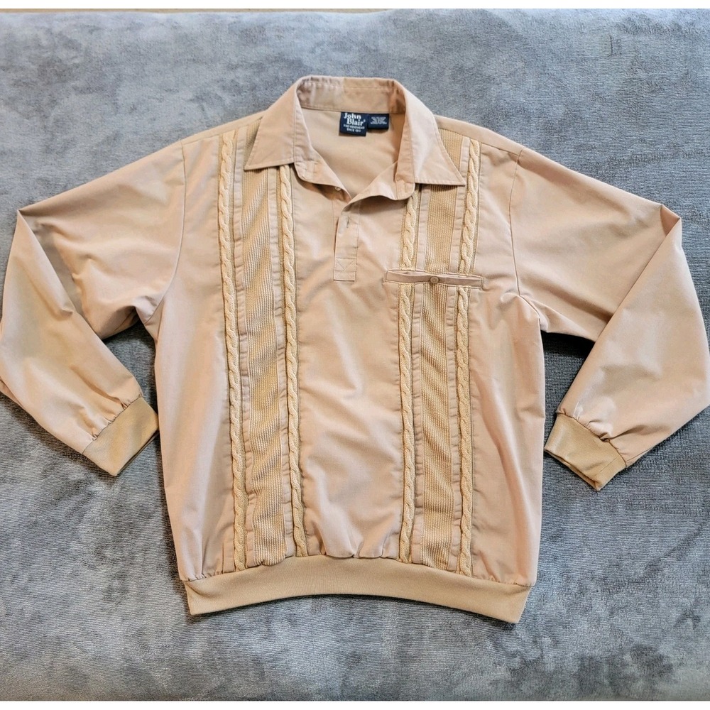 John Blair Vintage Tan Long Sleeve Bottom Polo Shirt Cable Knit Panels Size L